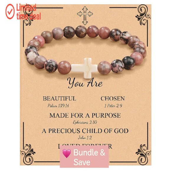 Christian Cross Stretch Bracelet Natural Stone Beads Faith Jewelry Gift - Picture 1 of 8